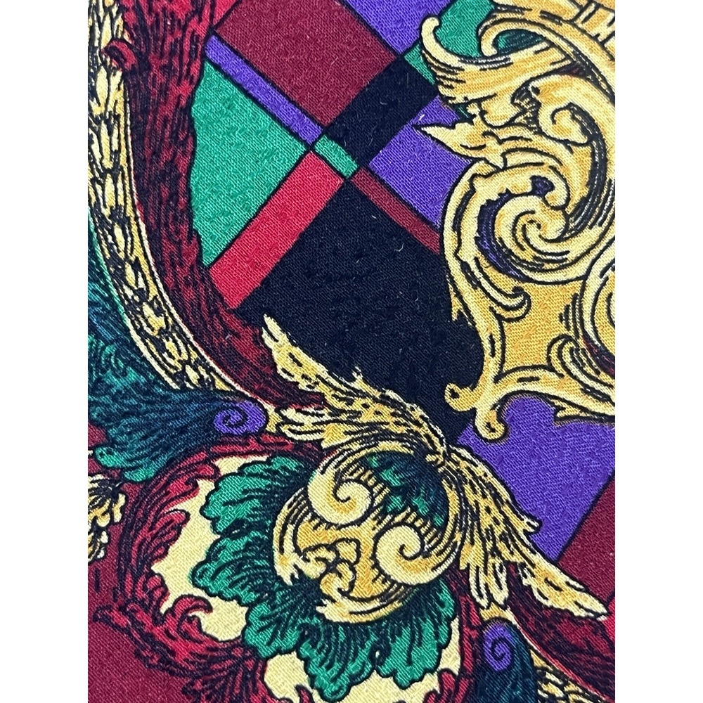 Versace 90s V2 Silk Tie Red Plaid Harlequin Pattern With Baroque Acanthus Leaf
